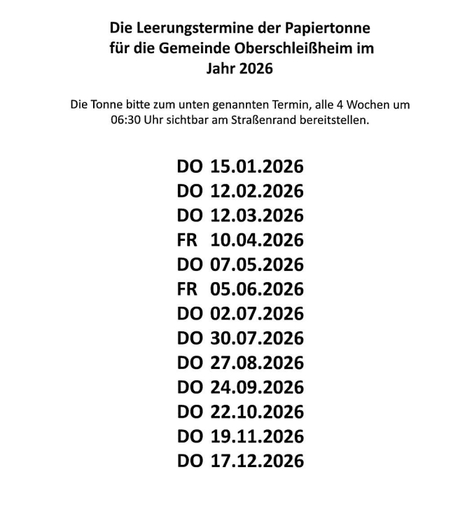 Grossansicht in neuem Fenster: Leerungstermine Papiertonne 2026